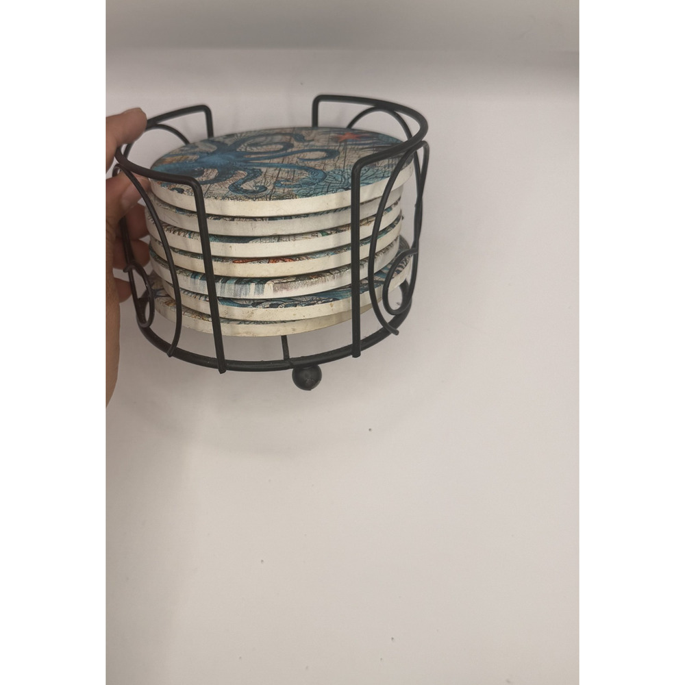Ocean Life Coasters for Drinks Set of 7 Cork Base Ceramic Coastal Decor - Picture 9 of 9